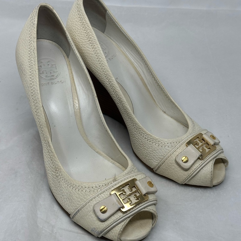 Tory Burch Cream Peep-Toe Wedges Size 9.5